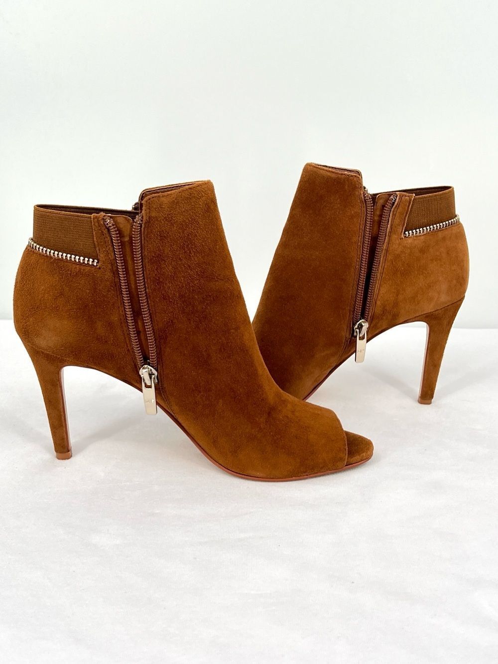 Marc Fisher Serenity Cognac Suede Peep Toe Stiletto Heel Ankle Booties Size 7M - Picture 9 of 10